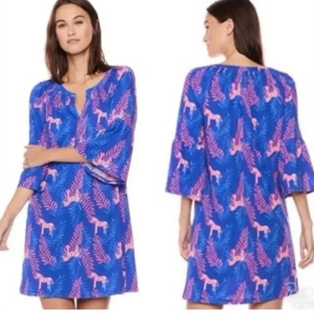 Lilly Pulitzer Teigen Dress Dazzle Blue Hot Pink Zebra L Tropical Flutter Sleeve